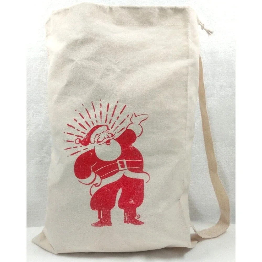 Retro Style Santa Large Canvas Tote Gift Bag Shopping Christmas 24x15 Drawstring